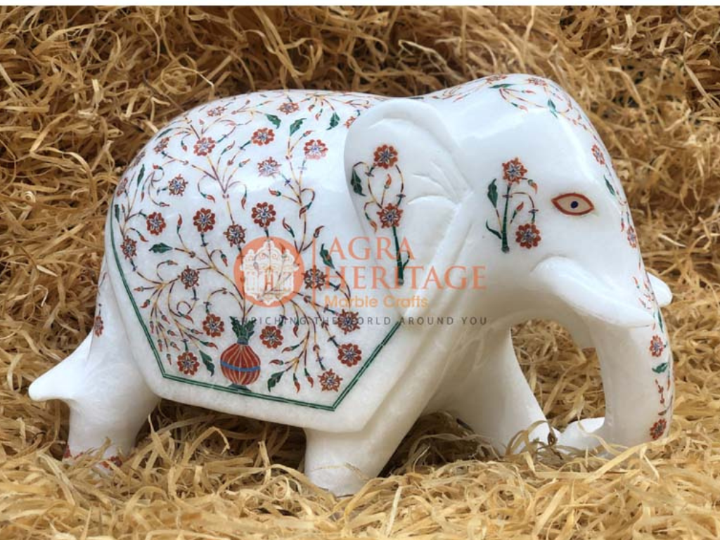 Marble Elephant Hakik Malachite Inlay Floral Art